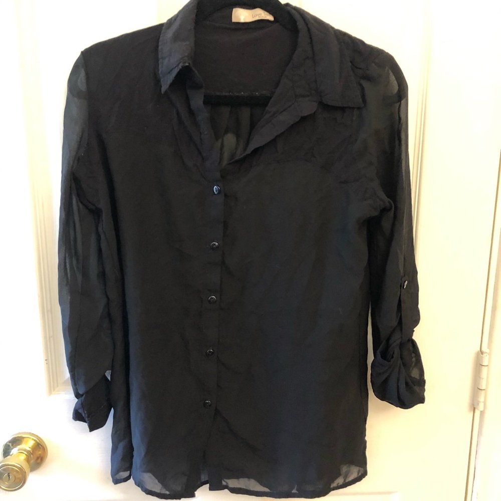 Black Button Up Mesh Blouse SZ. M